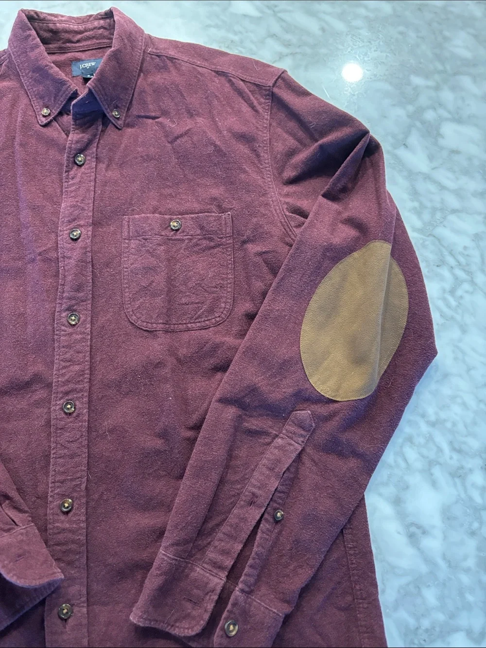 J. Crew Men's Burgundy flannel Button-Down Shirt with Tan Elbow Patches